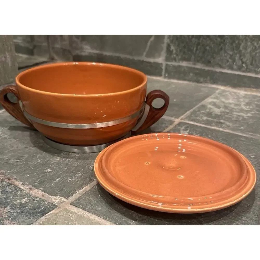 Vintage Bauer Pottery GPK Orange Rust Casserole No 3 Dish Lid Wood Handle 8”